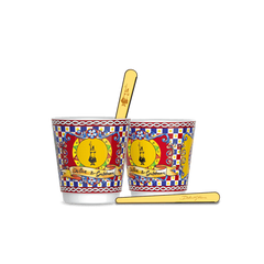 Set 2 porcelain cups and 2 golden stirrers Bialetti Sicilian Cart